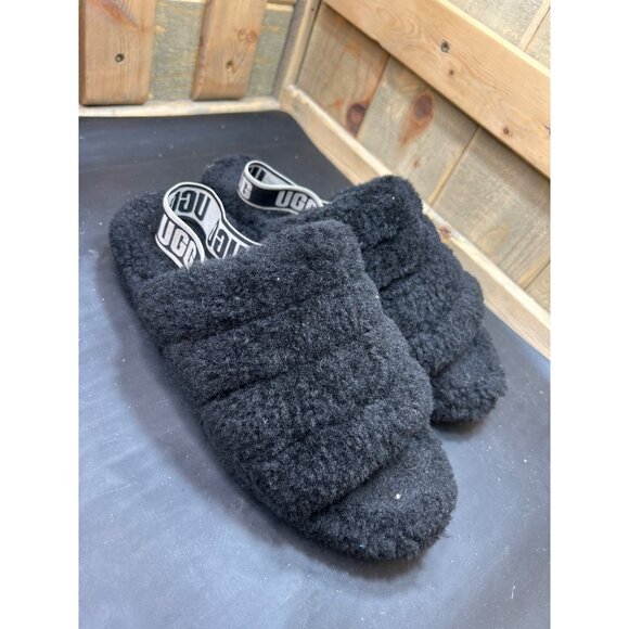Ugg Fluff Yeah Slide Slippers Black Womens Size 10 Soft Sheepskin & Fleece With - Picture 2 of 7